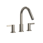 Polished nickel three-piece Roman tub filler with curved spout and two lever handles on either side.