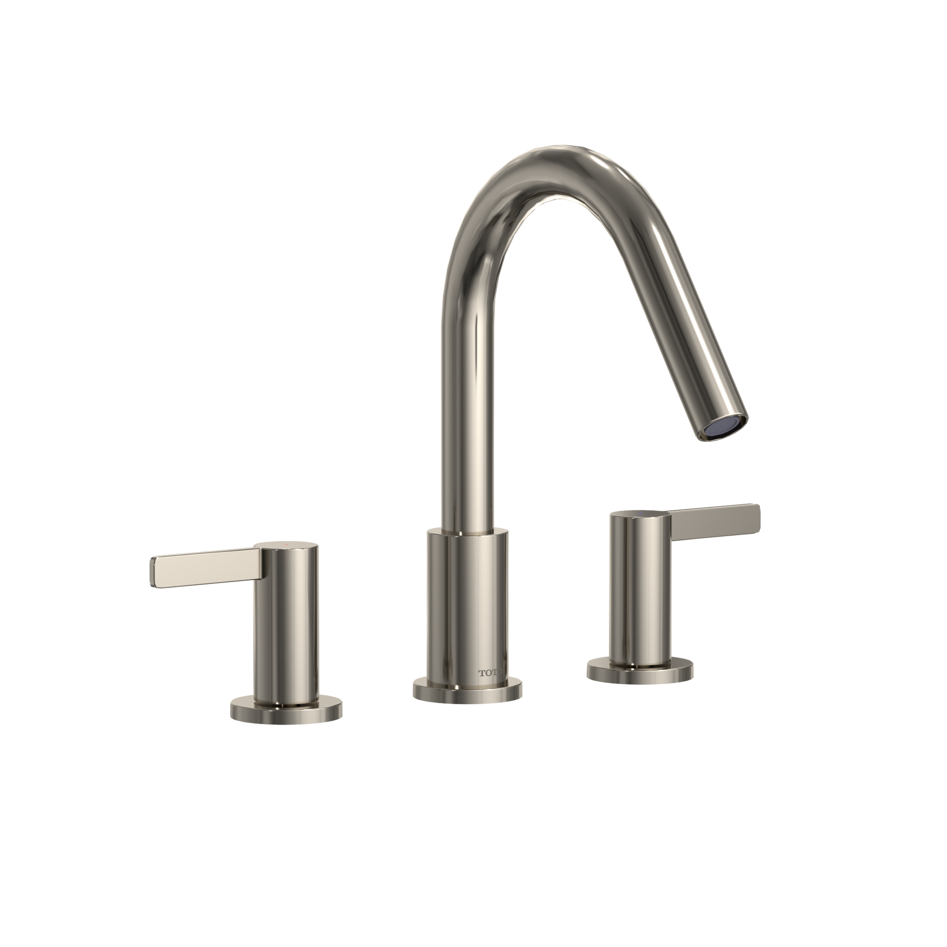 Polished nickel three-piece Roman tub filler with curved spout and two lever handles on either side.