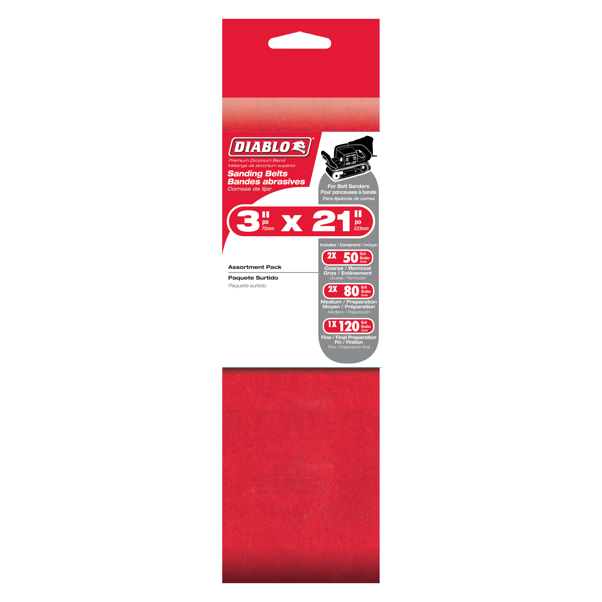 Five assorted sanding belts in 3" x 21" size with varying grit levels displayed on red packaging.