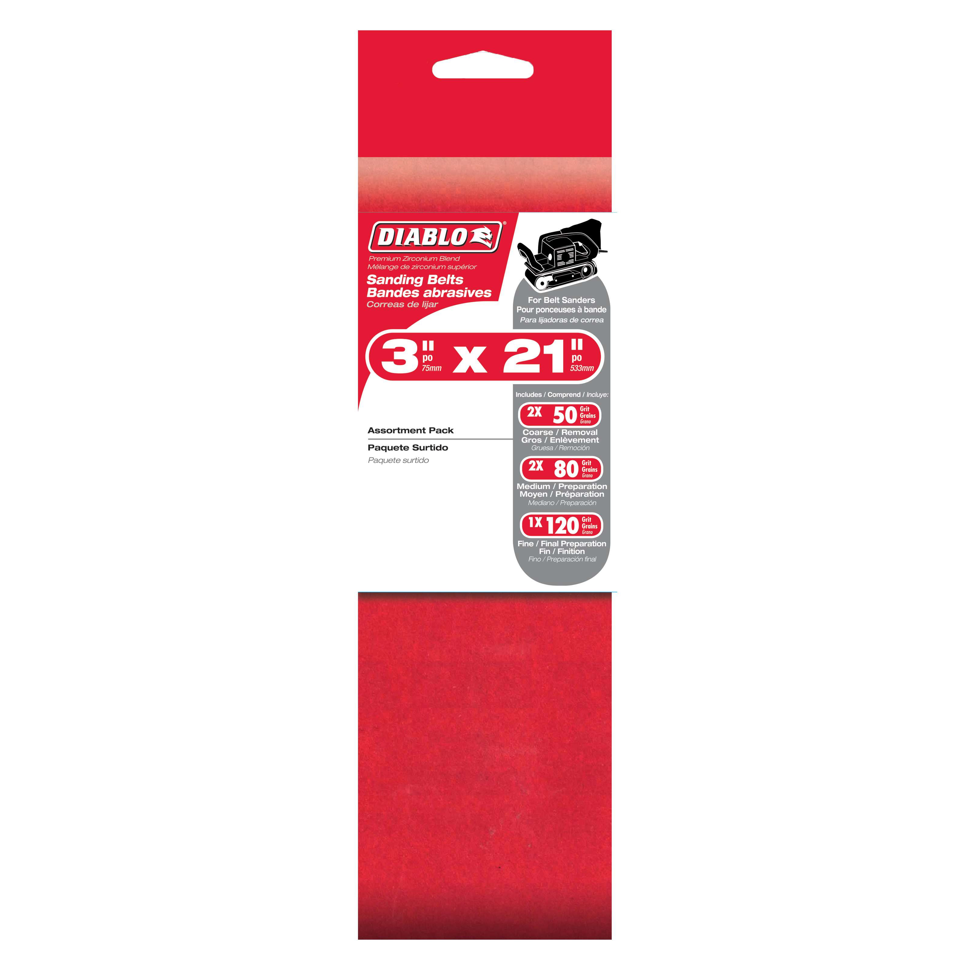 Five assorted sanding belts in 3" x 21" size with varying grit levels displayed on red packaging.