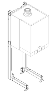 Metal support stand with vertical frame and horizontal base bracket for wall-mounted boiler installation.