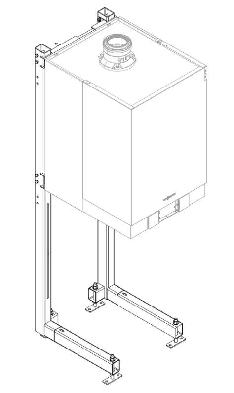 Metal support stand with vertical frame and horizontal base bracket for wall-mounted boiler installation.