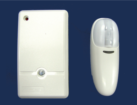 White wireless motion sensor receiver unit on left and white wireless motion sensor transmitter on right against dark blue ba
