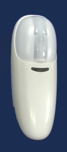 White wireless motion sensor with curved design and dark sensor window on front.
