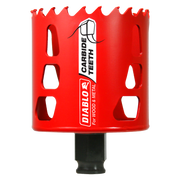 Red carbide-tipped holesaw with jagged cutting edge and black arbor shaft for wood and metal drilling.