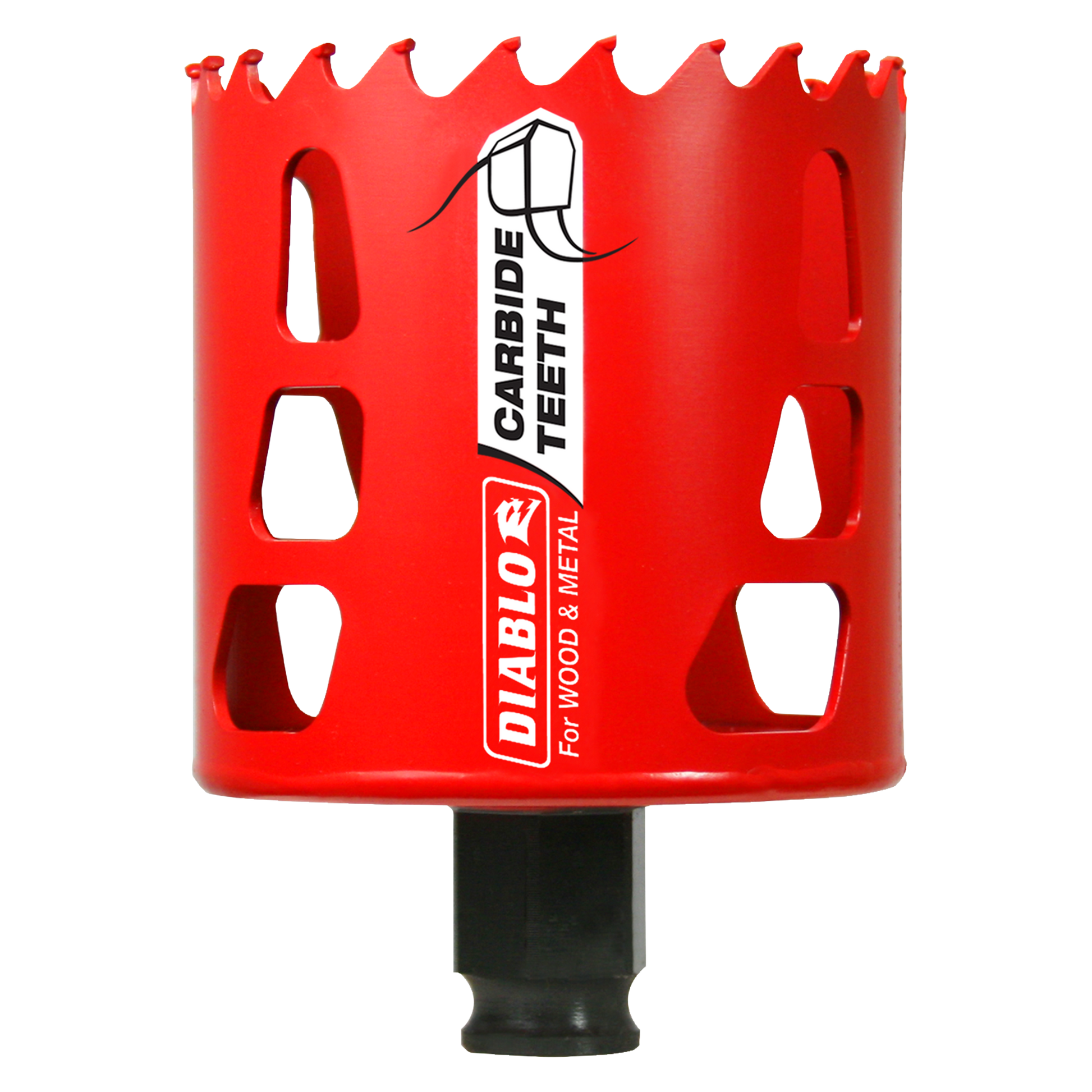 Red carbide-tipped holesaw with jagged cutting edge and black arbor shaft for wood and metal drilling.