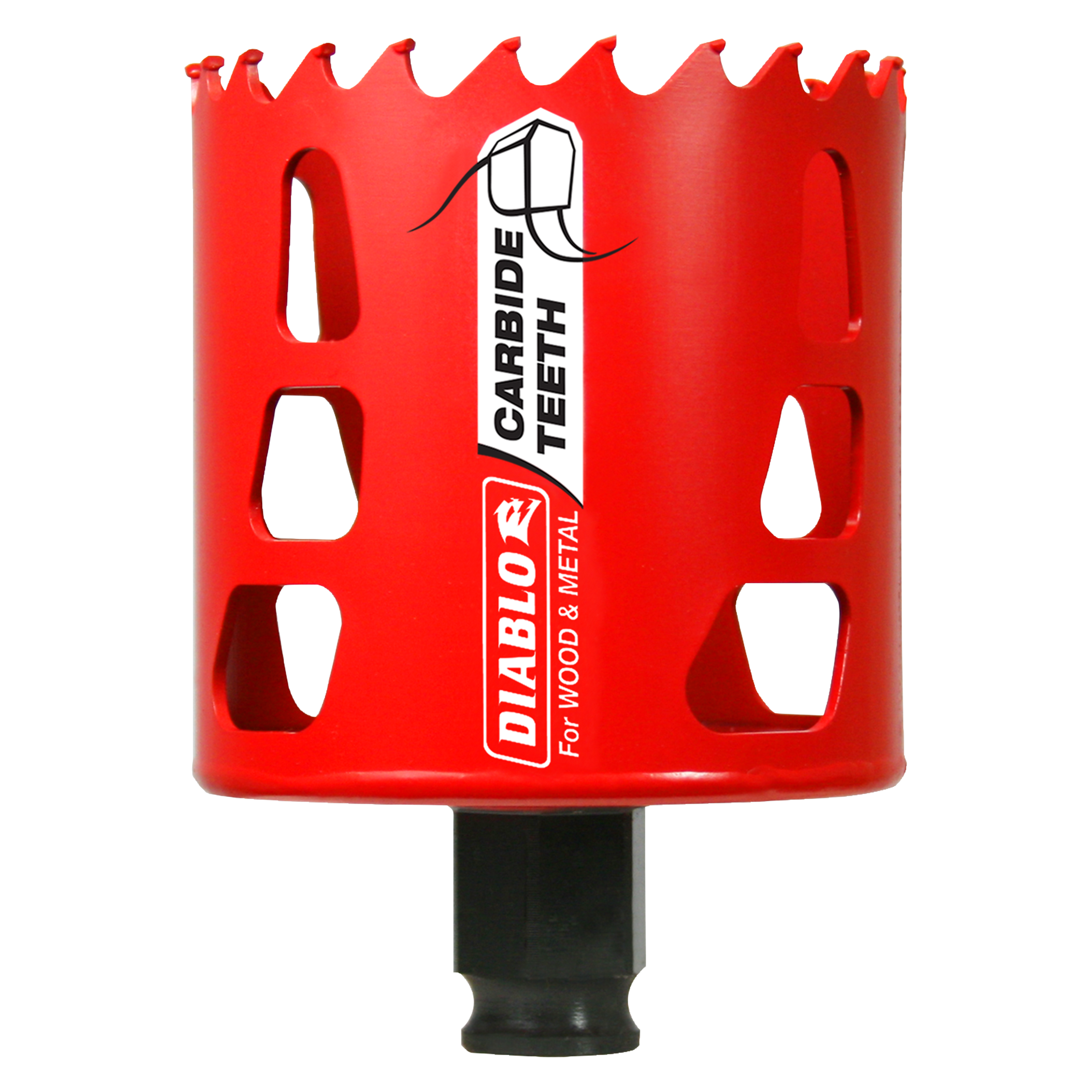 Red carbide-tipped holesaw with jagged cutting edge and black arbor shaft for wood and metal drilling.