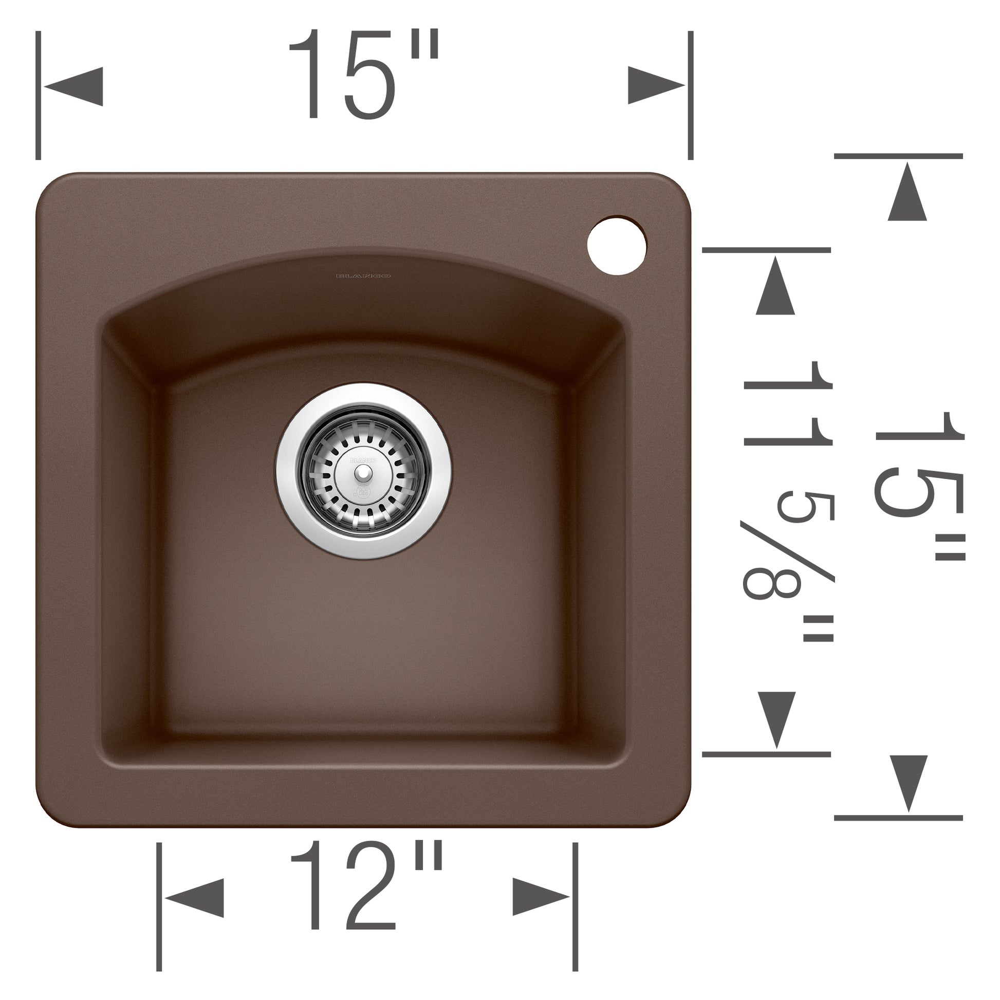 Cafe brown composite drop-in bar sink with single bowl, chrome drain, and dimension measurements of 15" width by 12" depth.