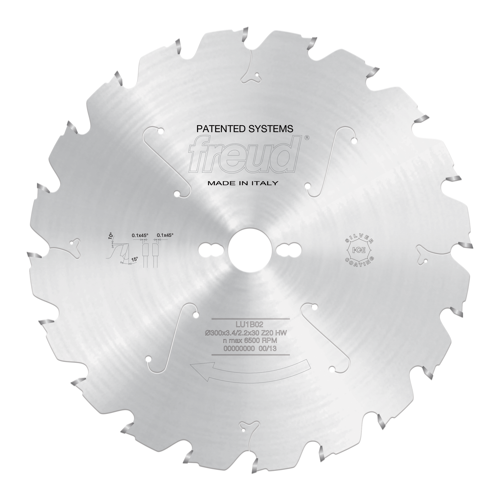 Freud LU1B02 300mm carbide-tipped circular saw blade with metal teeth and center mounting hole.