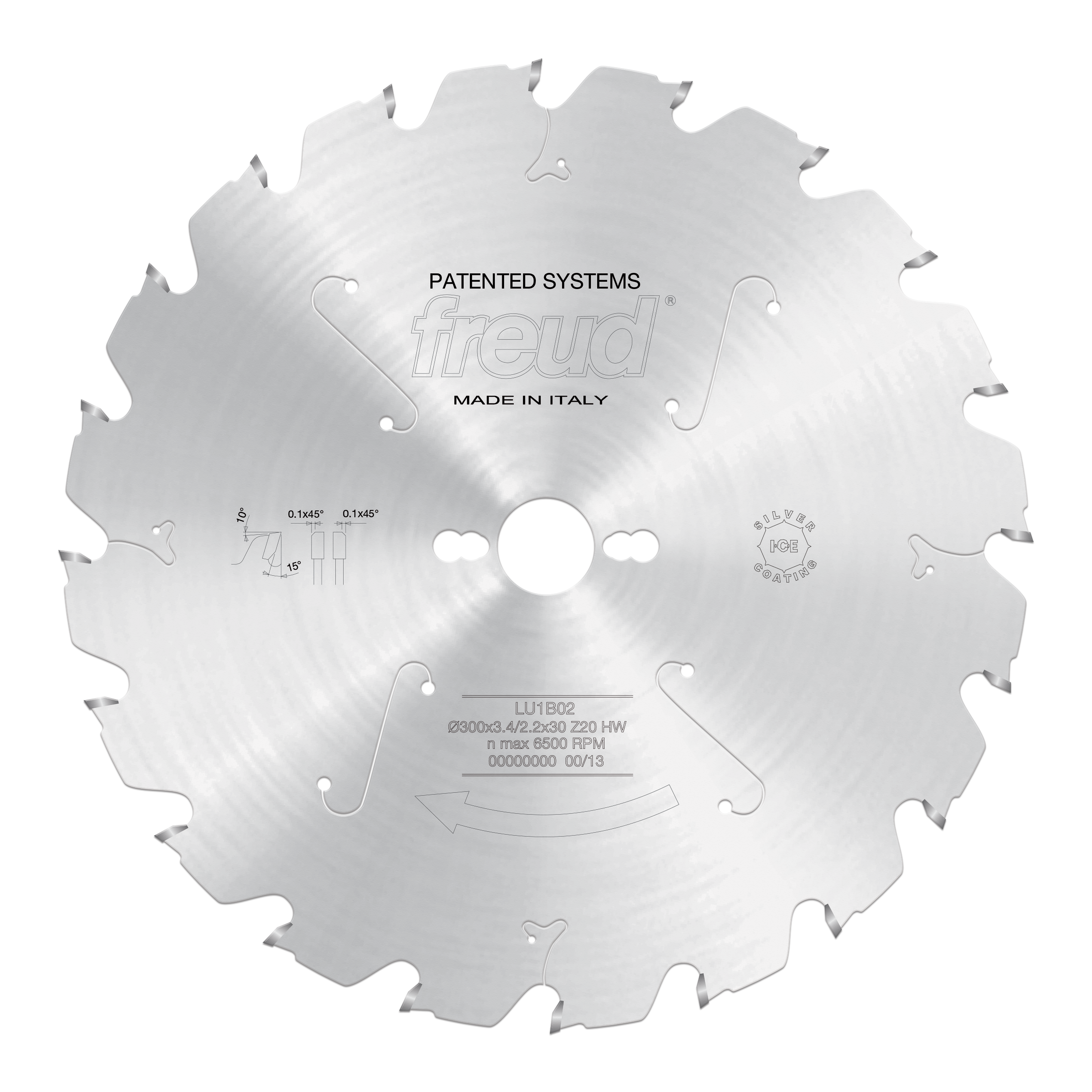 Freud LU1B02 300mm carbide-tipped circular saw blade with metal teeth and center mounting hole.