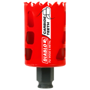 Red carbide-tipped holesaw with jagged cutting edge and black arbor shaft, labeled Diablo for wood and metal.