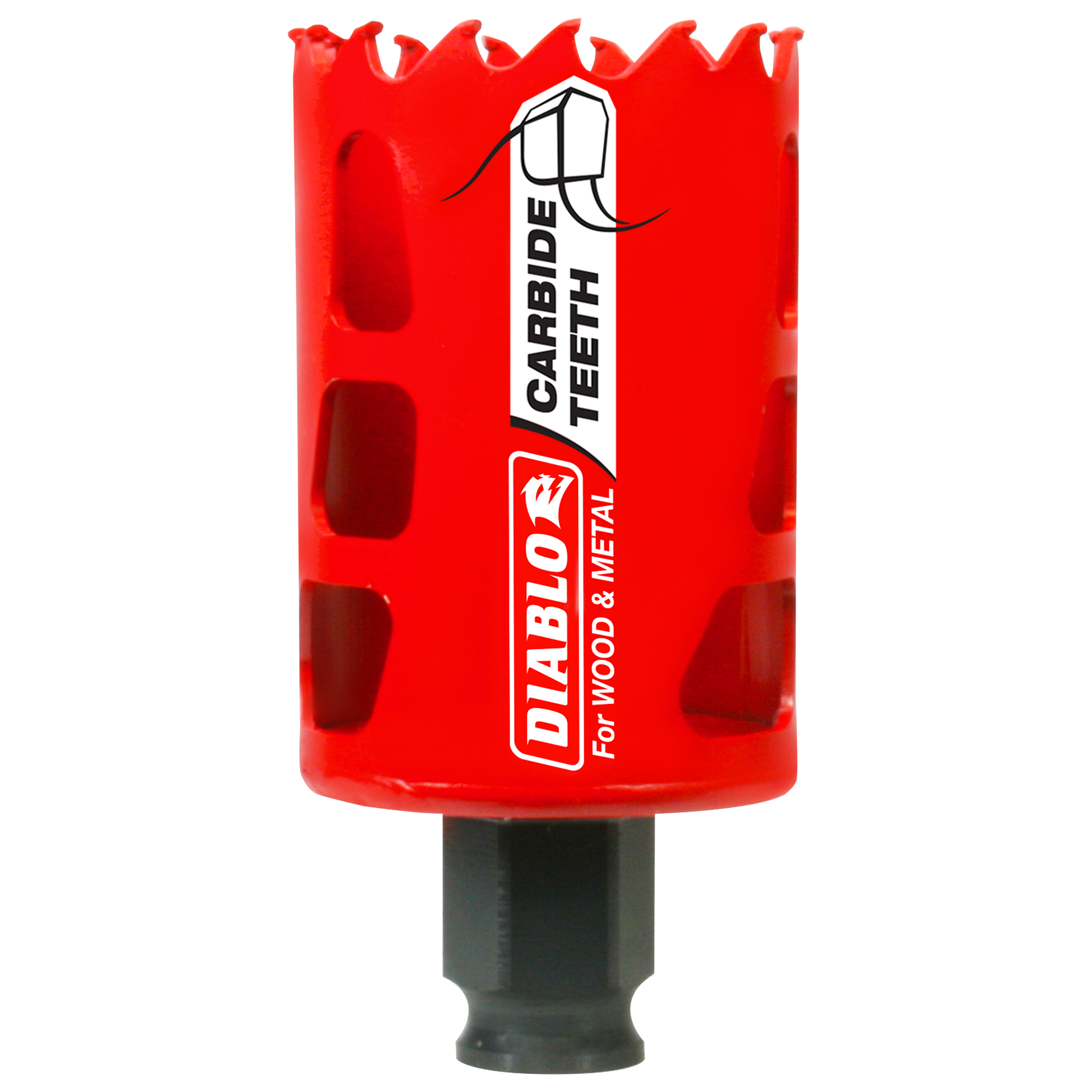Red carbide-tipped holesaw with jagged cutting edge and black arbor shaft, labeled Diablo for wood and metal.
