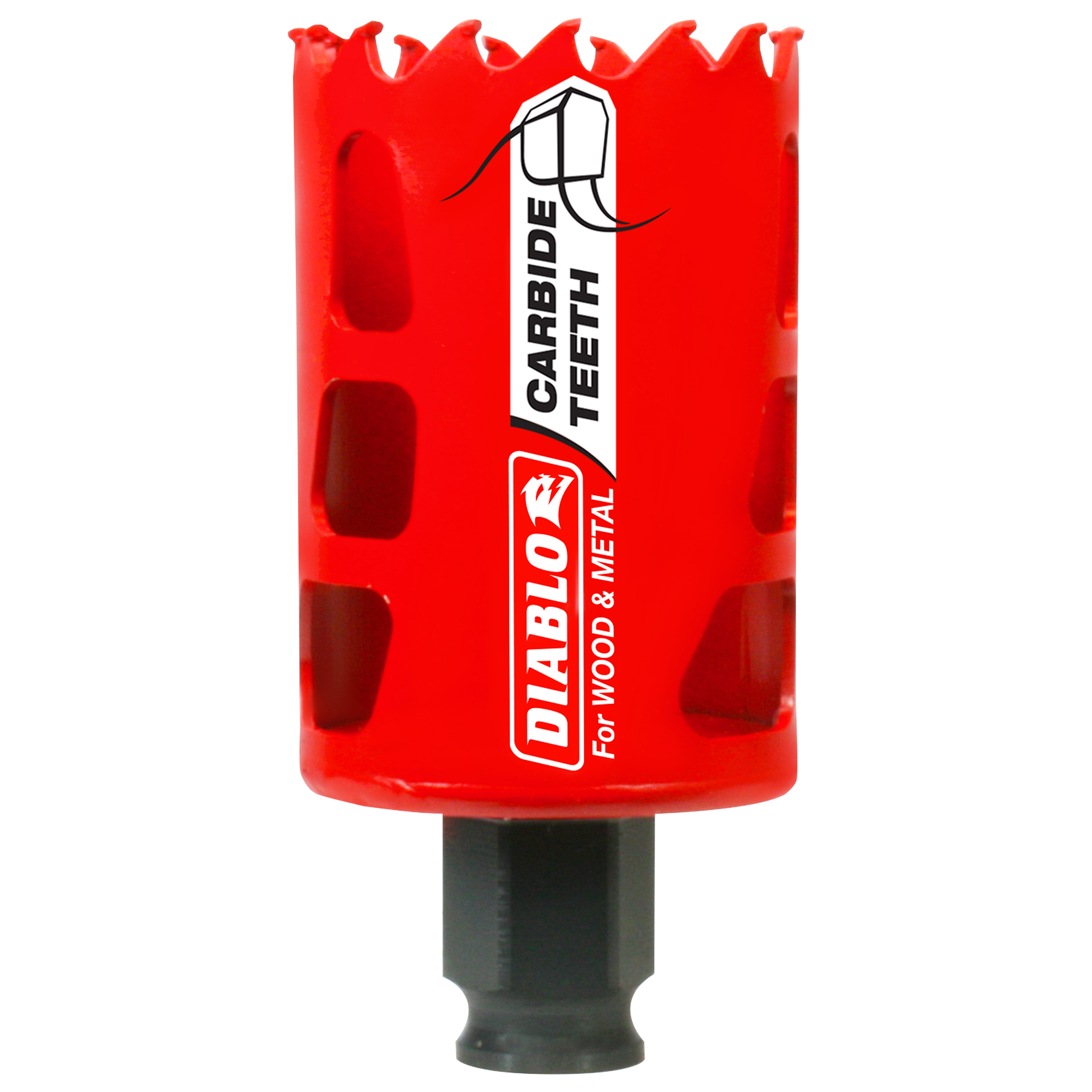 Red carbide-tipped holesaw with jagged cutting edge and black arbor shaft, labeled Diablo for wood and metal.
