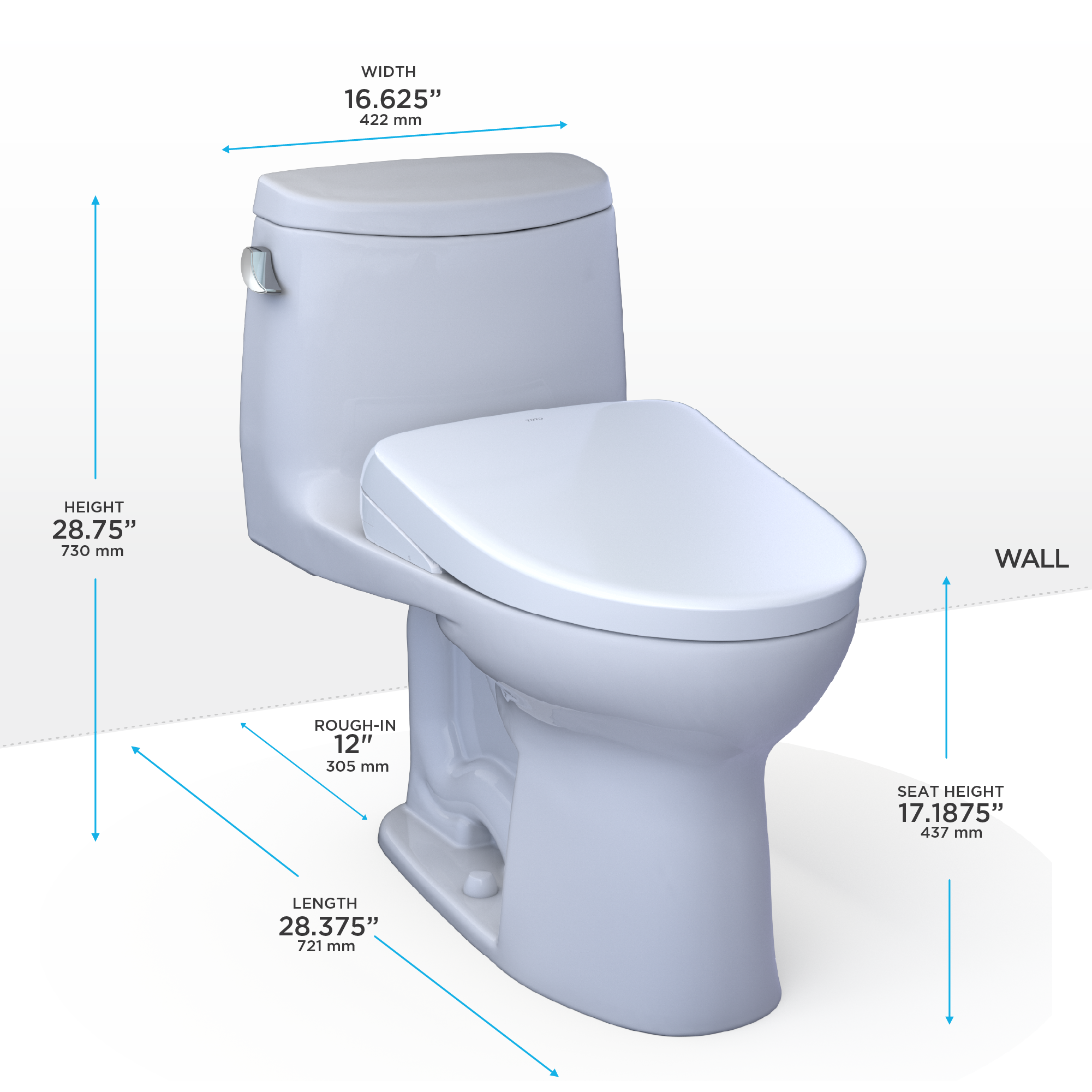 Toto UltraMax II One Piece Elongated Universal Height Toilet with CEFIONTECT 1.28 GPF with Contemporary Washlet+ Auto Flush S7A Bidet Seat in Cotton White