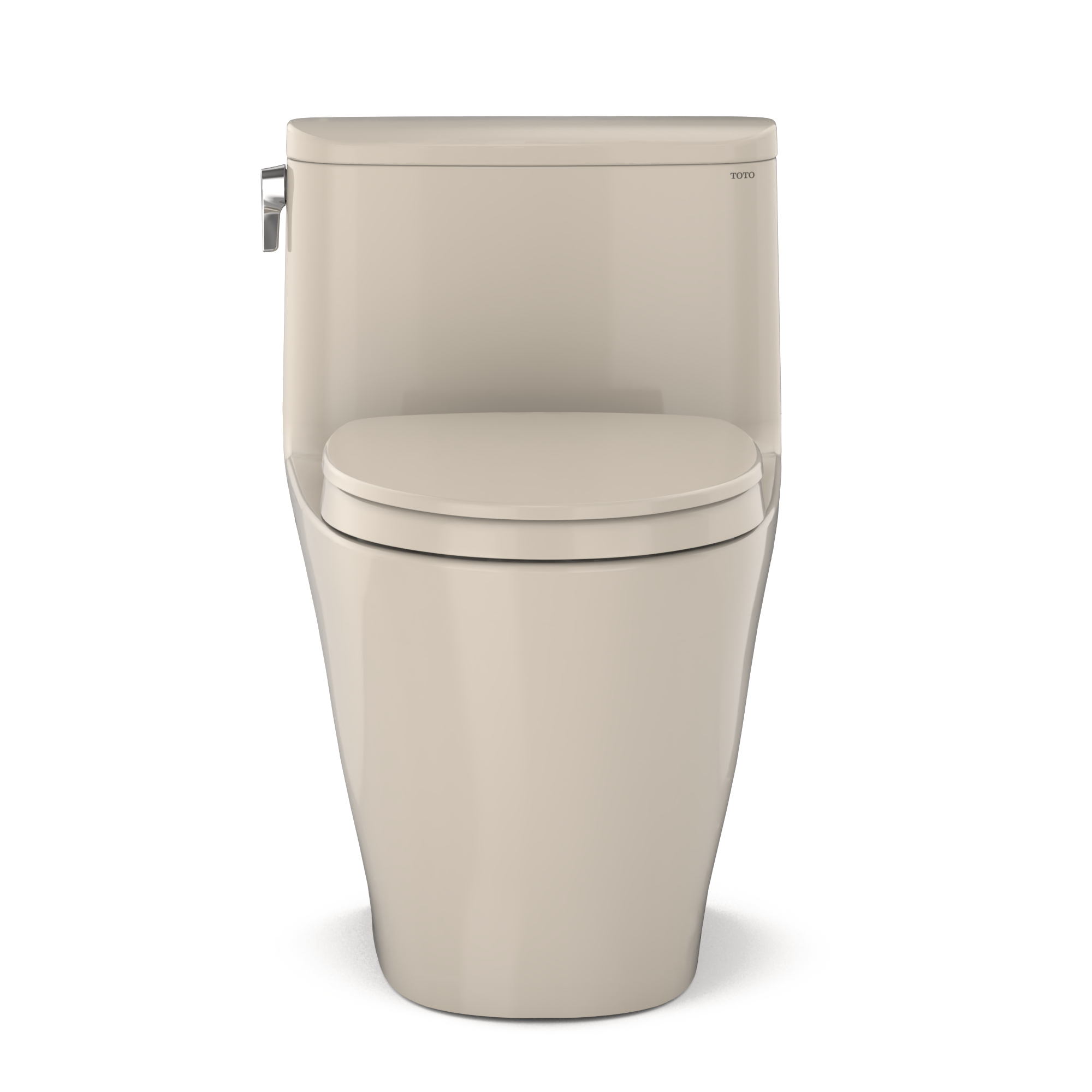 Bone-colored one-piece elongated toilet with soft-close seat and chrome side lever flush handle.