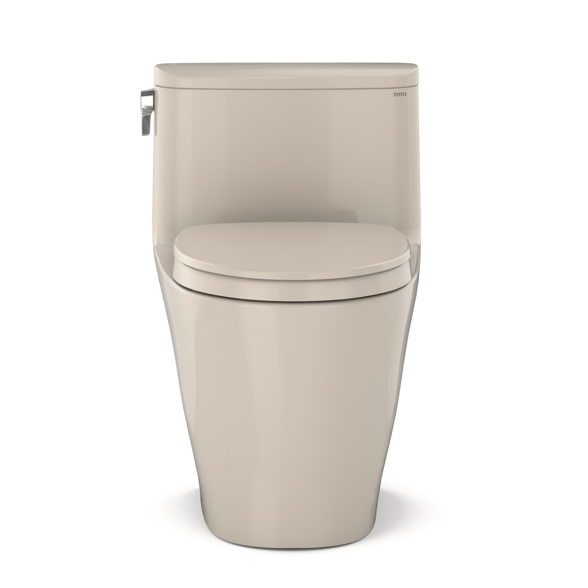 Bone-colored one-piece elongated toilet with soft-close seat and chrome side lever handle.