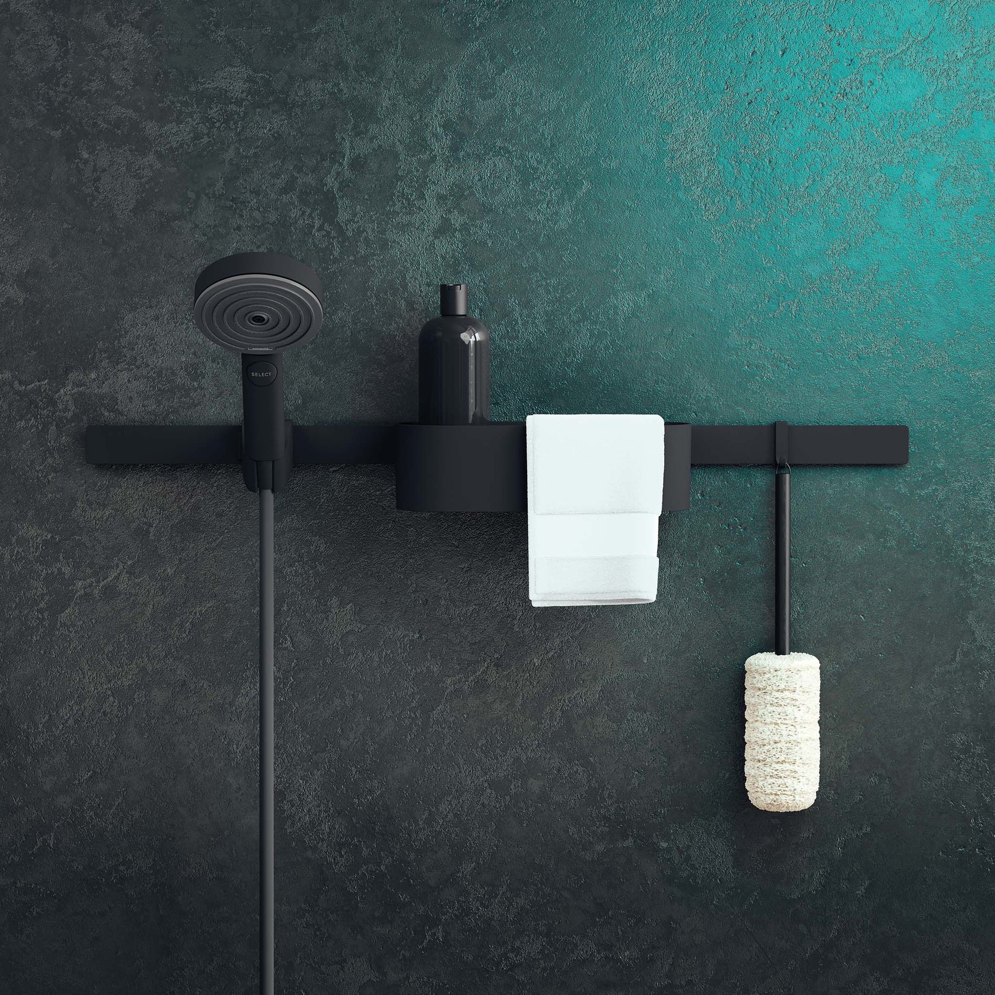 Matte black wall-mounted towel hook with slim horizontal bar design holding folded towel and loofah.