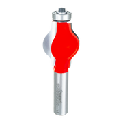 Router bit with red cutting profile and silver shank, bearing at top.