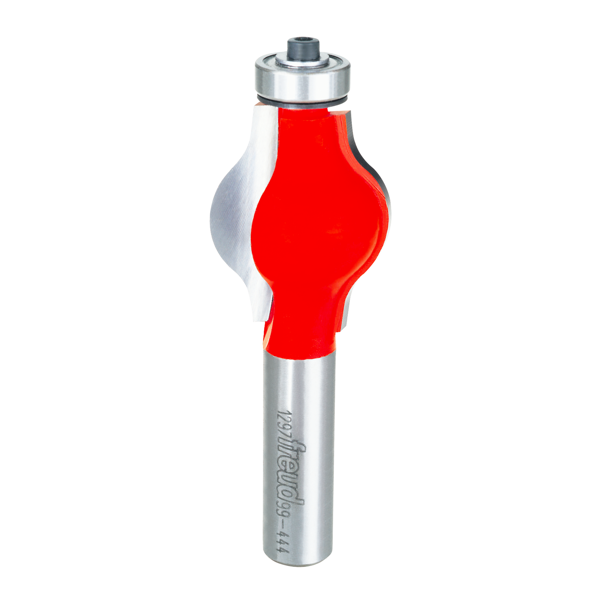 Router bit with red cutting profile and silver shank, bearing at top.