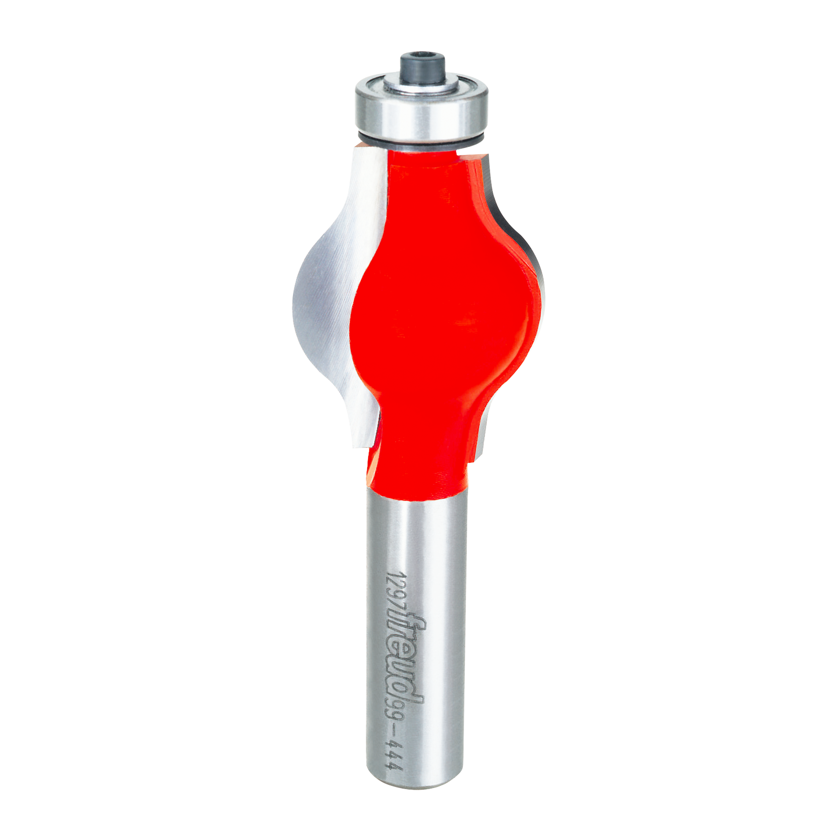 Router bit with red cutting profile and silver shank, bearing at top.