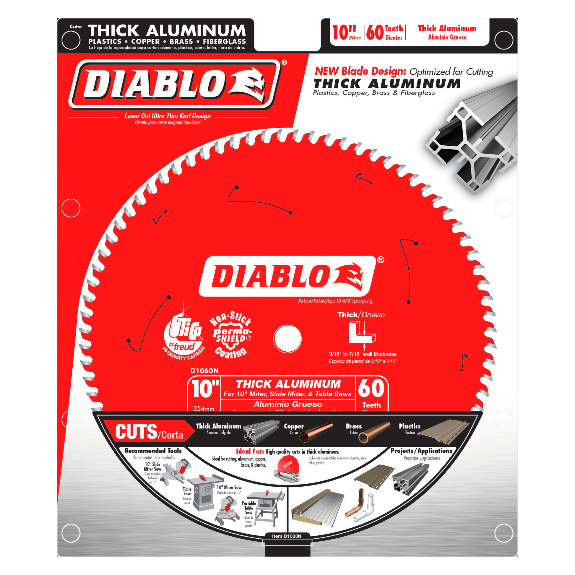 Diablo 10-inch saw blade with 60 teeth on red and silver packaging, featuring aluminum cutting specifications.