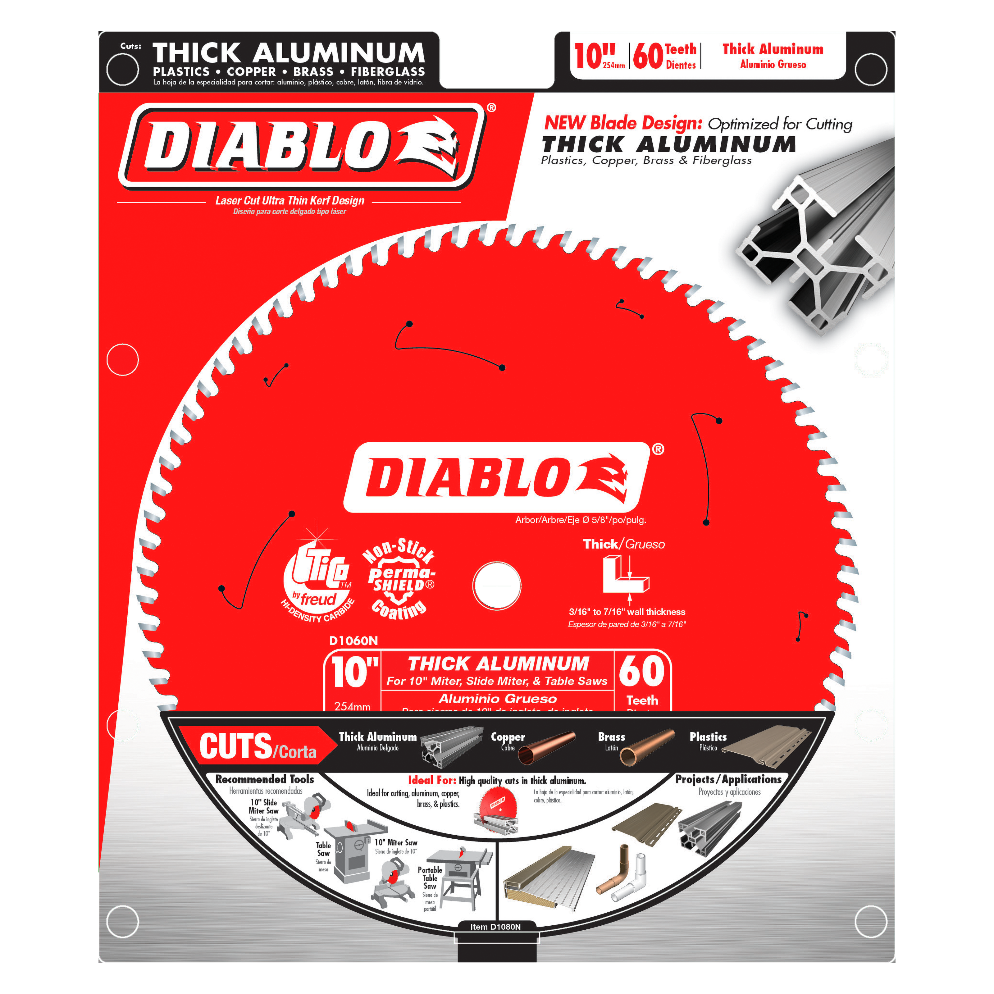 Diablo 10-inch saw blade with 60 teeth on red and silver packaging, featuring aluminum cutting specifications.