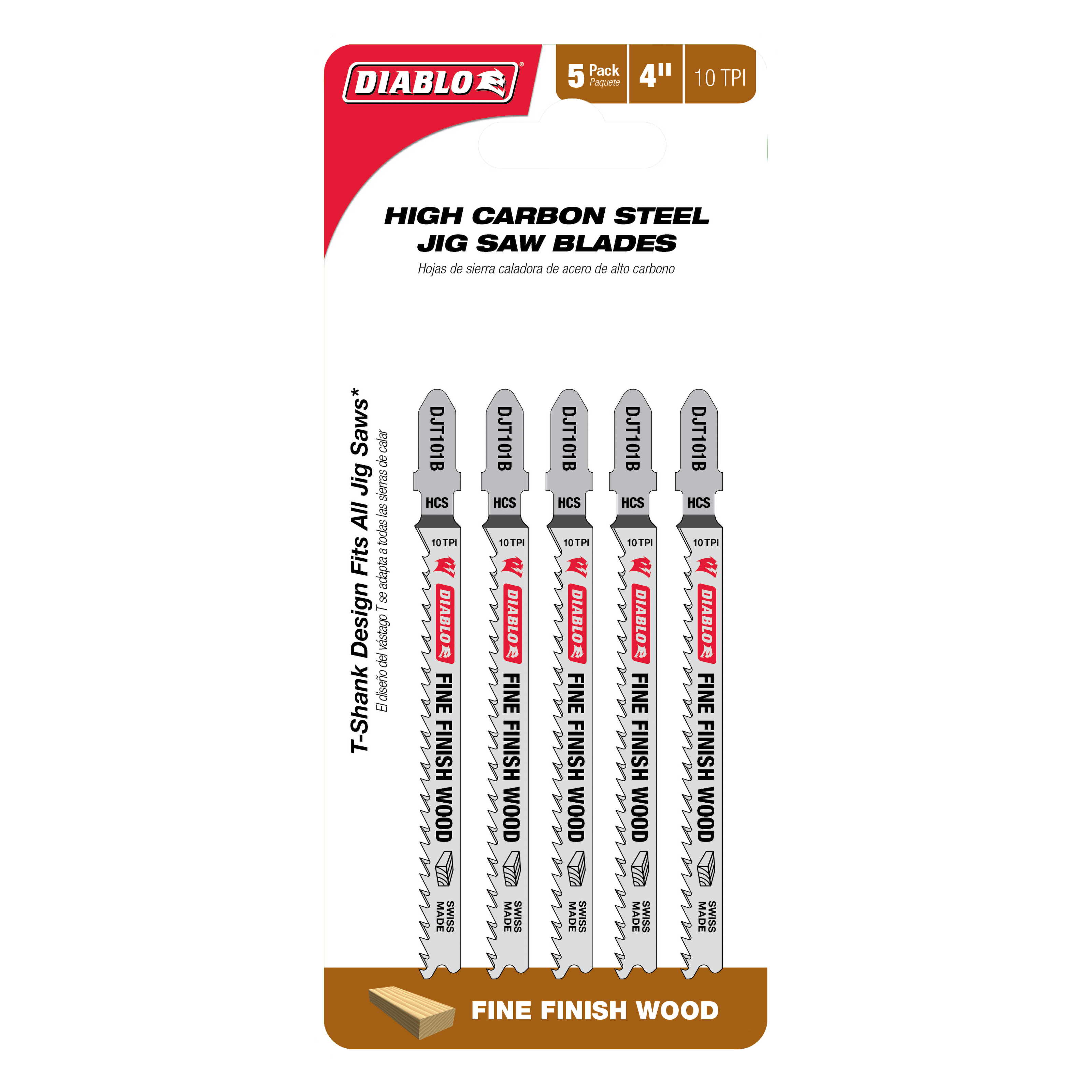 Five Diablo high carbon steel T-shank jig saw blades, 4 inches long with 10 teeth per inch, displayed on packaging.