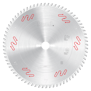 Circular saw blade with carbide-tipped teeth around the edge, center arbor hole, and red wavy markings on the silver metal su