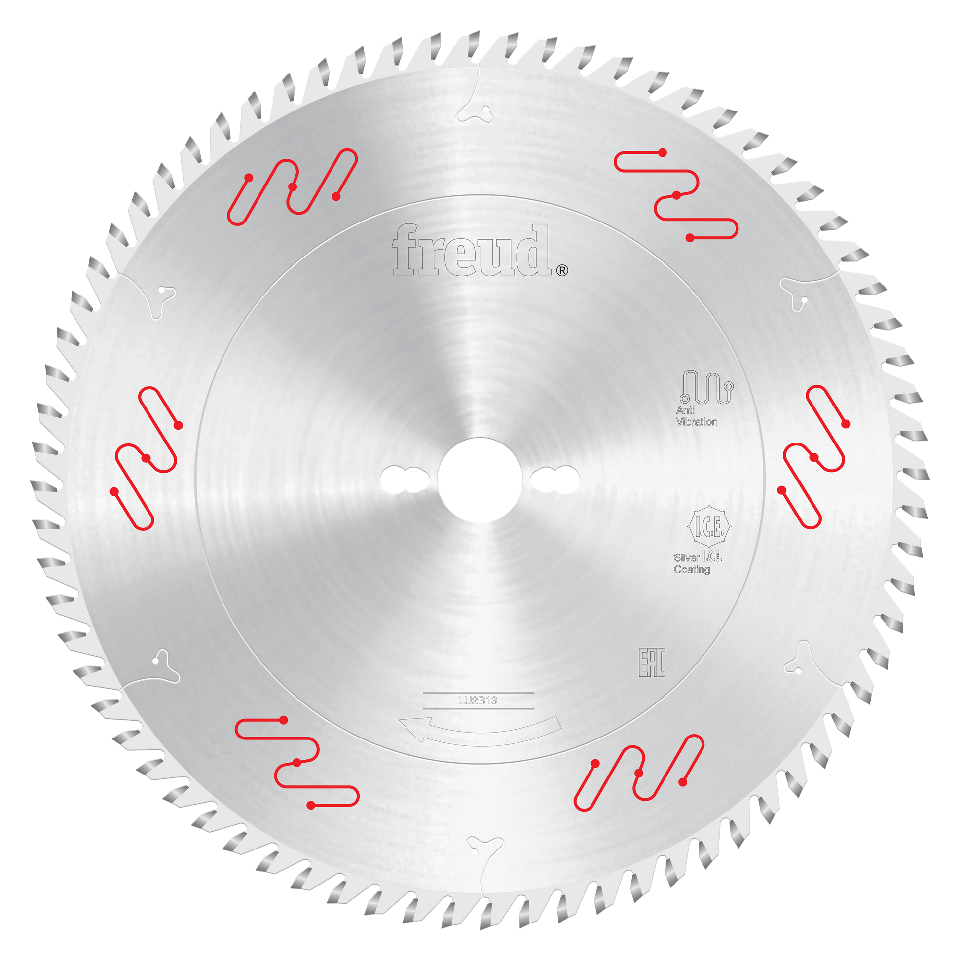 Circular saw blade with carbide-tipped teeth around the edge, center arbor hole, and red wavy markings on the silver metal su