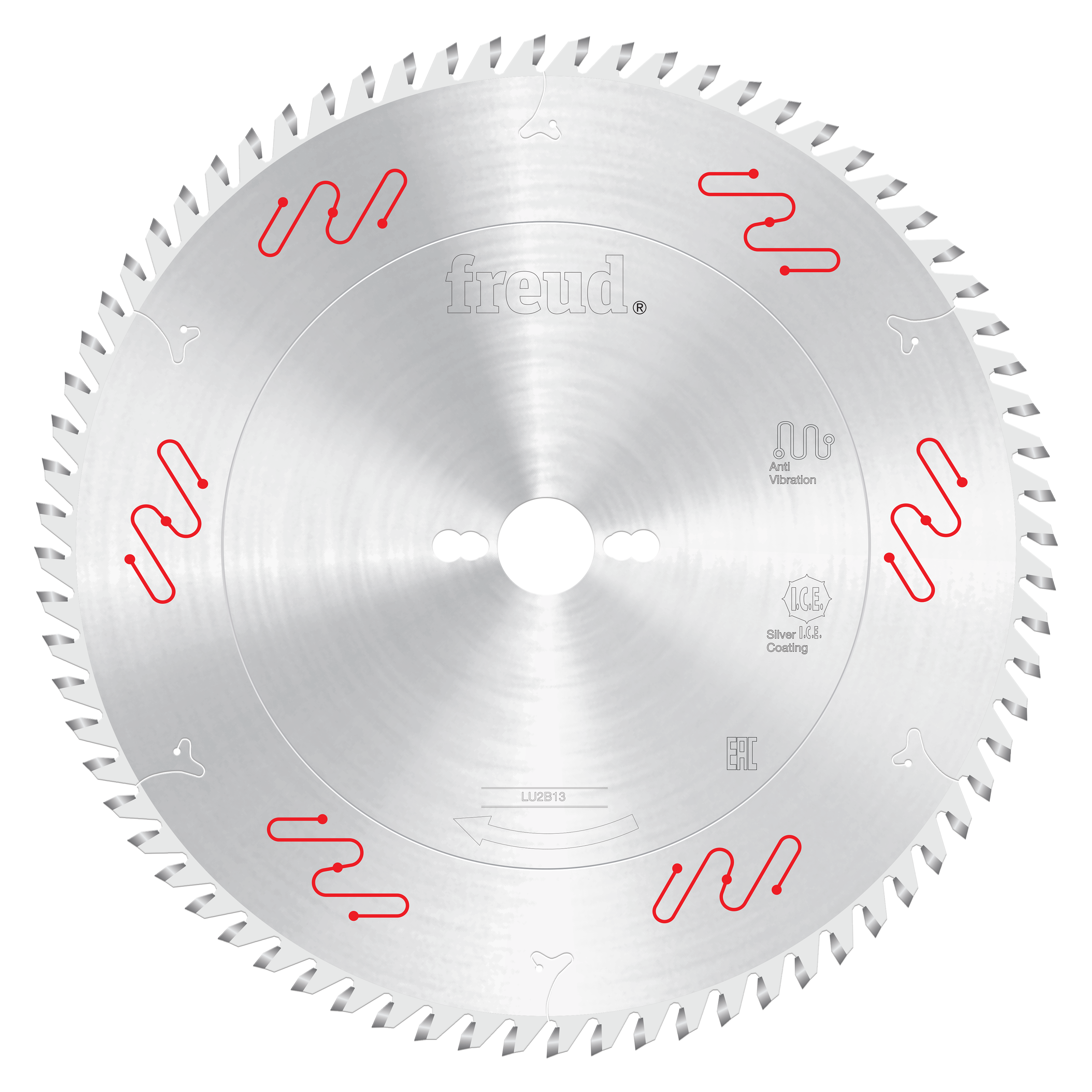 Circular saw blade with carbide-tipped teeth around the edge, center arbor hole, and red wavy markings on the silver metal su
