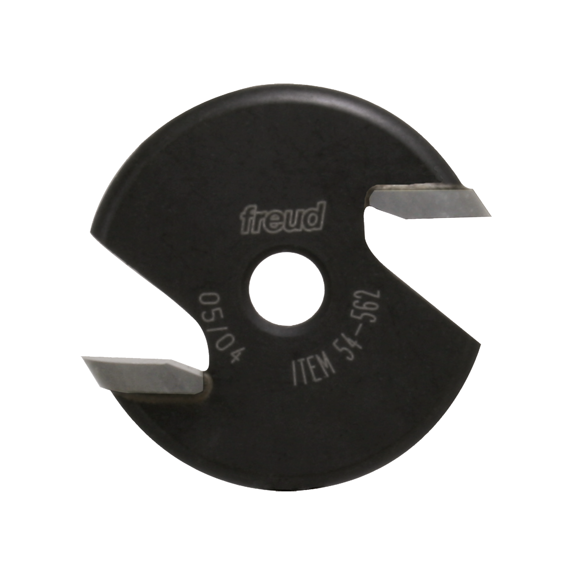Black circular cutter with two angled metal blades and center hole, marked "freud" and "ITEM 54-562".