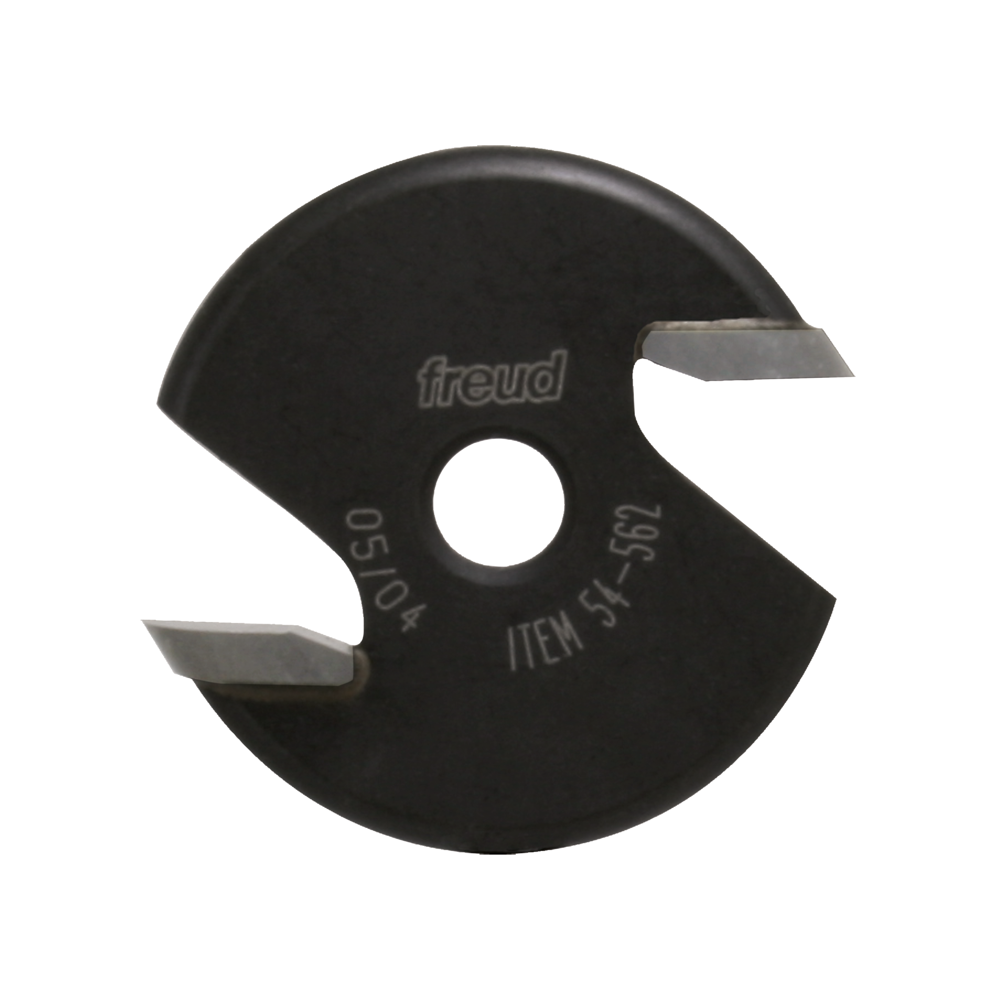 Black circular cutter with two angled metal blades and center hole, marked "freud" and "ITEM 54-562".
