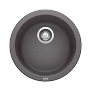 Round cinder-colored bar sink with single basin and stainless steel drain strainer.