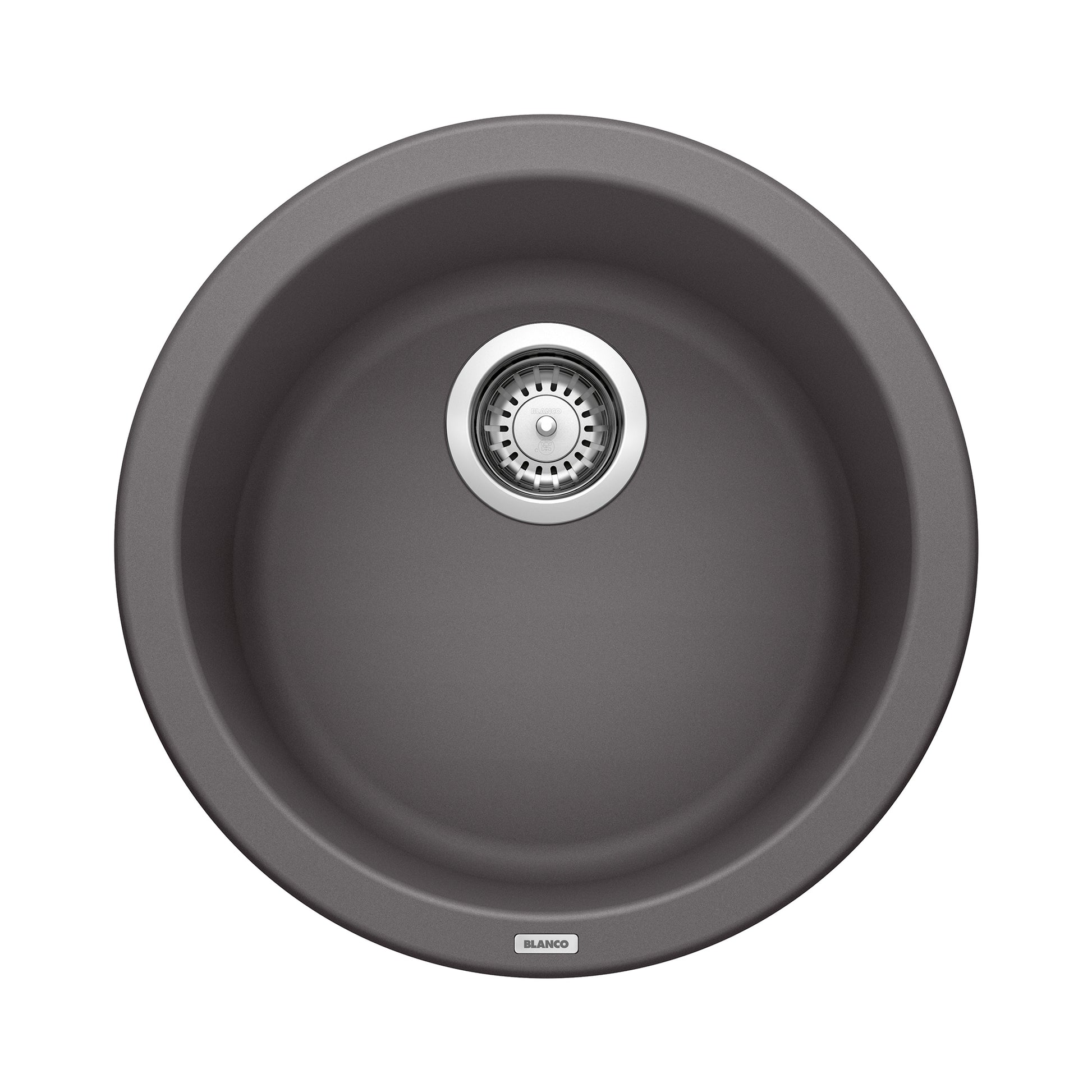 Round cinder-colored bar sink with single basin and stainless steel drain strainer.