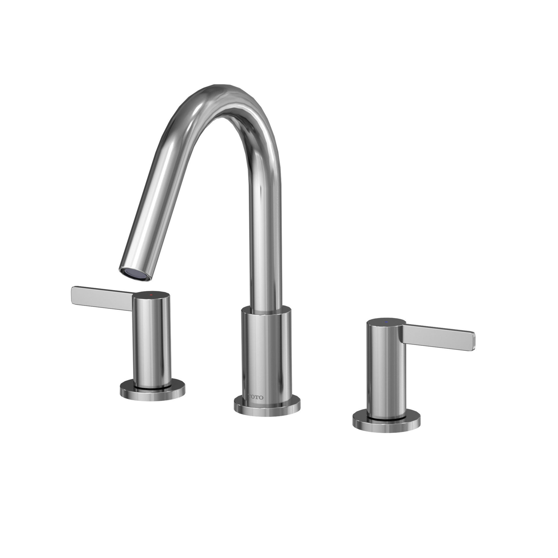 Polished chrome three-piece deck-mount roman tub filler with curved spout and two lever handles.