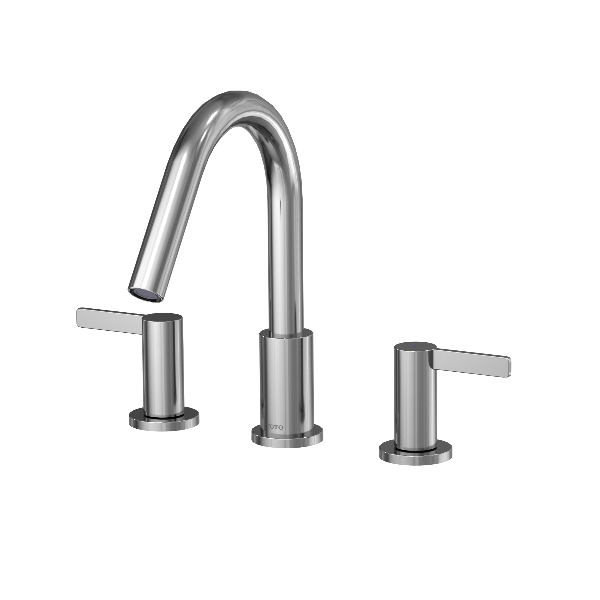 Polished chrome three-piece deck-mount roman tub filler with curved spout and two lever handles.