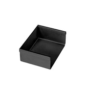 Matte black linear drain component with rectangular basin and sloped interior surface.