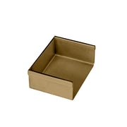 Satin bronze linear drain component with square basin and sloped interior floor.