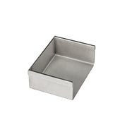 Satin stainless steel linear drain component with rectangular basin and sloped interior walls.