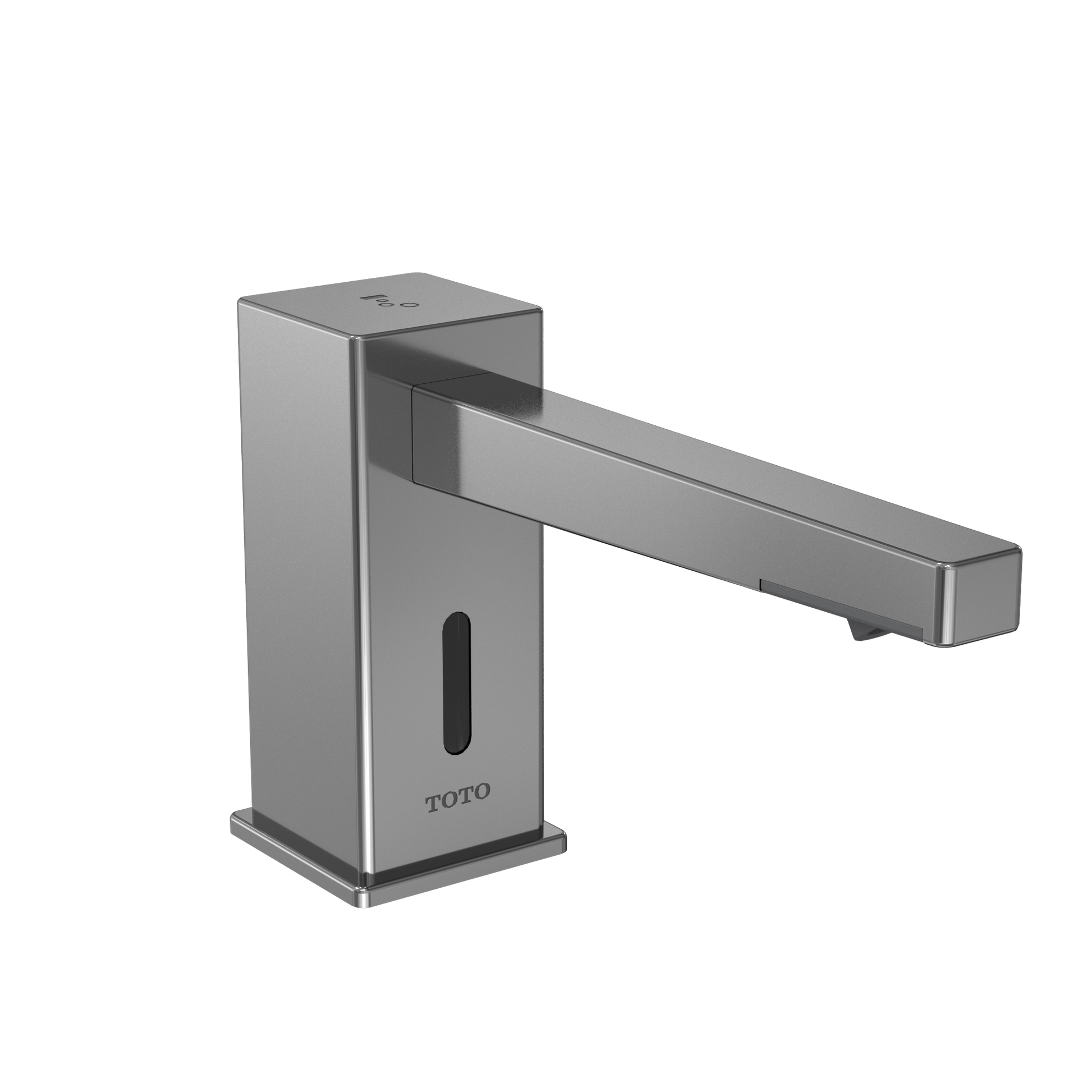 Polished chrome square soap dispenser with extended rectangular spout and sensor window on front.