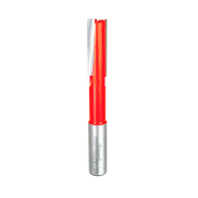 Red and silver straight router bit with two flutes and metal shank.