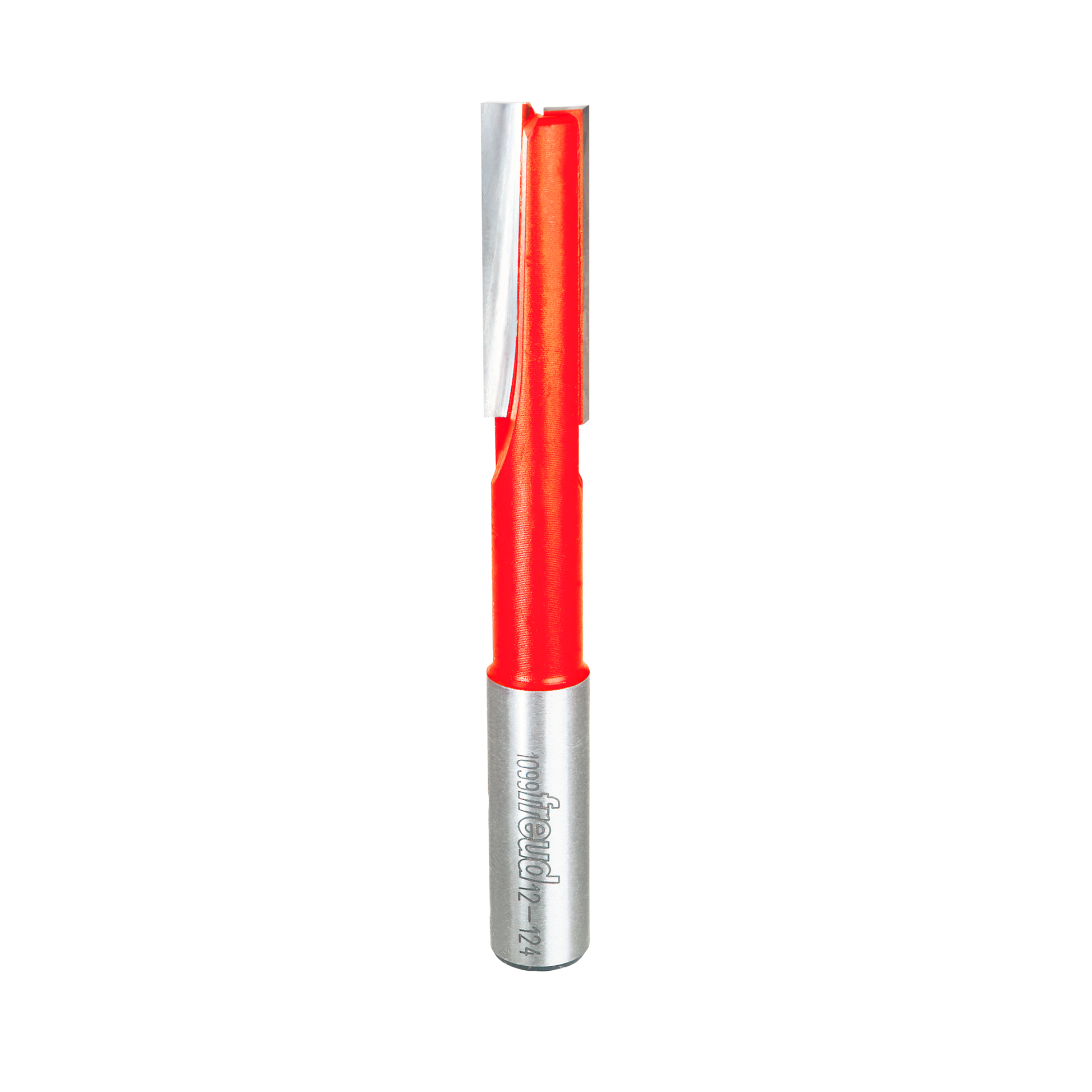 Red and silver straight router bit with two flutes and metal shank.