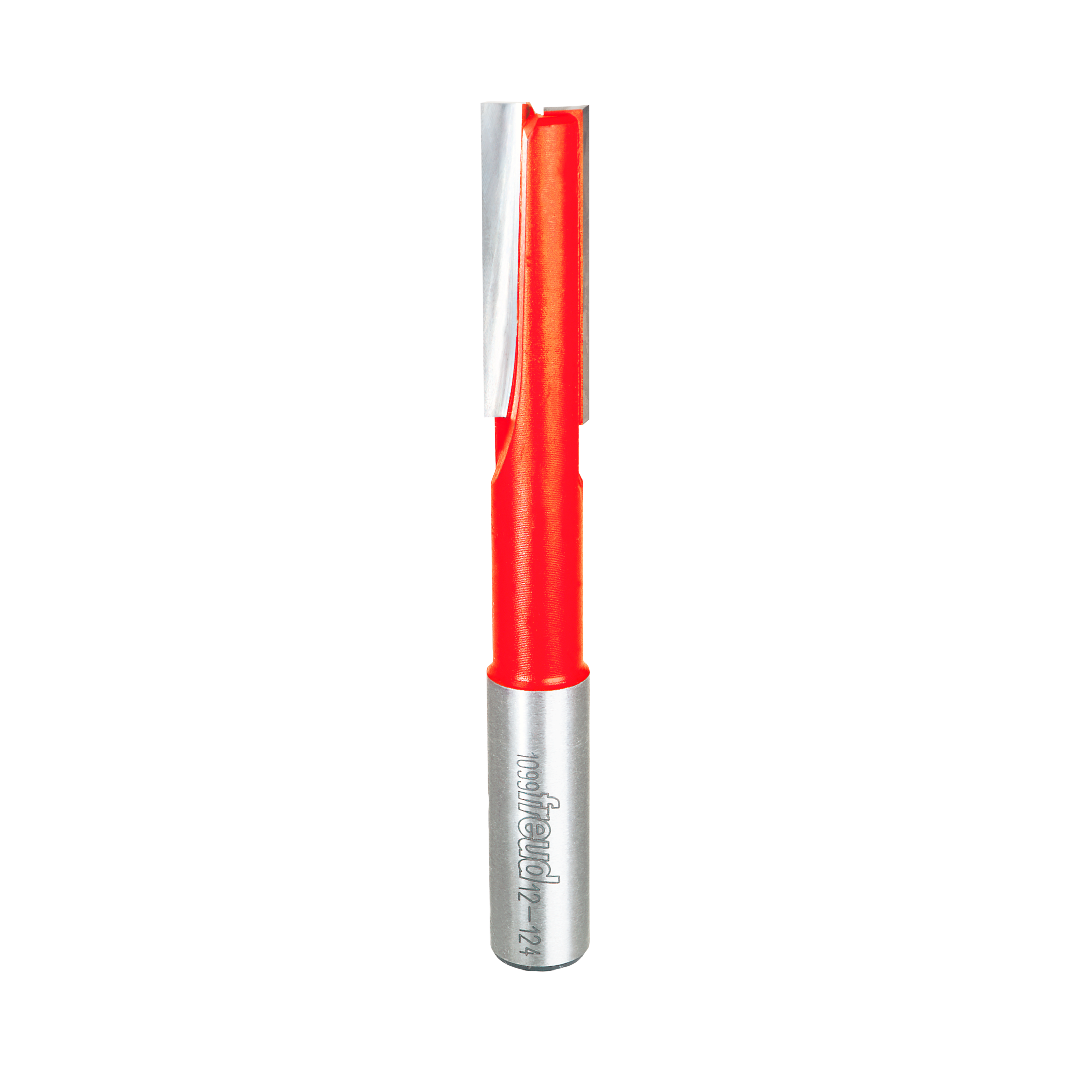 Red and silver straight router bit with two flutes and metal shank.