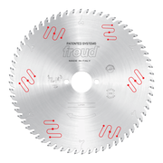 Circular carbide-tipped saw blade with fine teeth around the edge and center mounting hole, labeled Freud LU1I01.