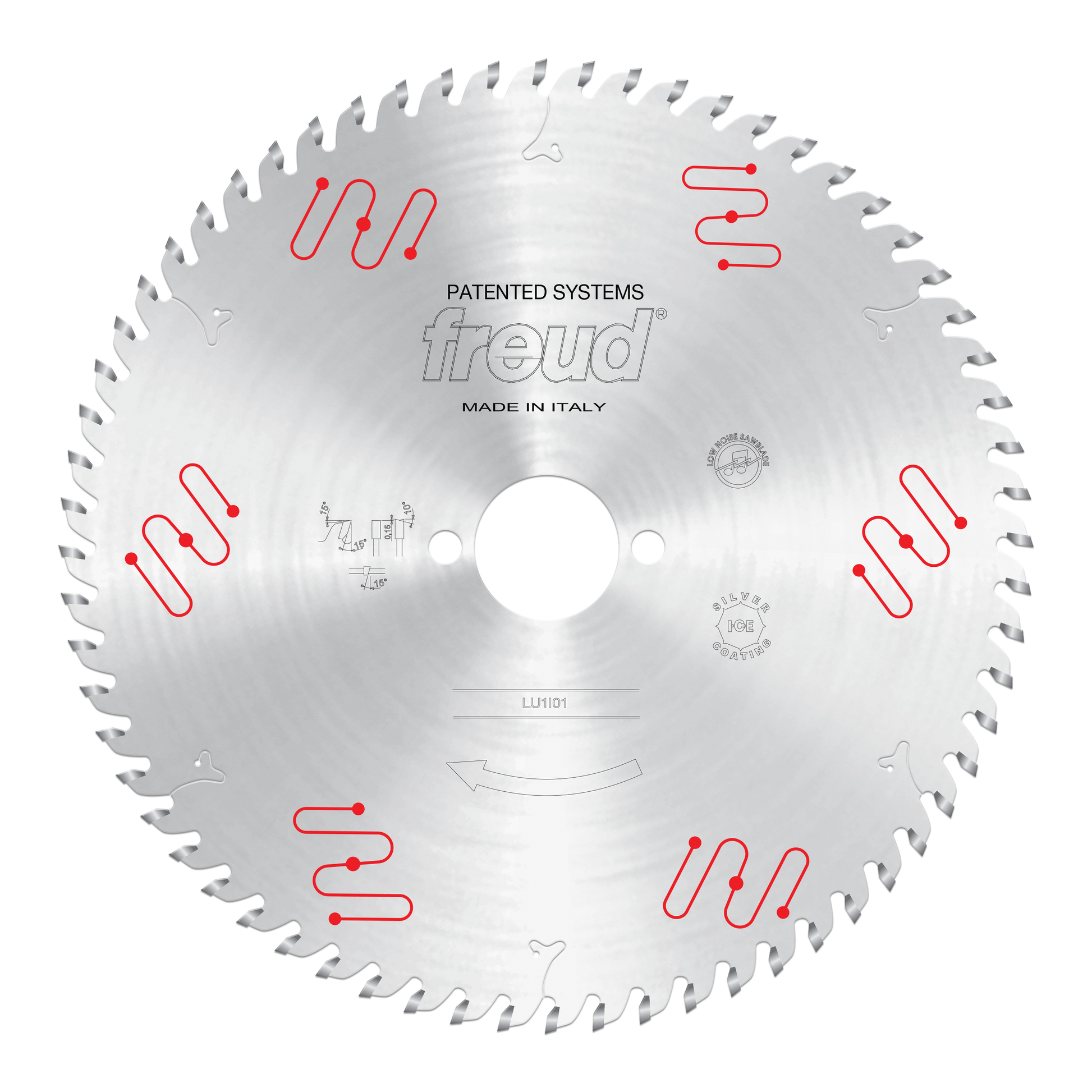 Circular carbide-tipped saw blade with fine teeth around the edge and center mounting hole, labeled Freud LU1I01.