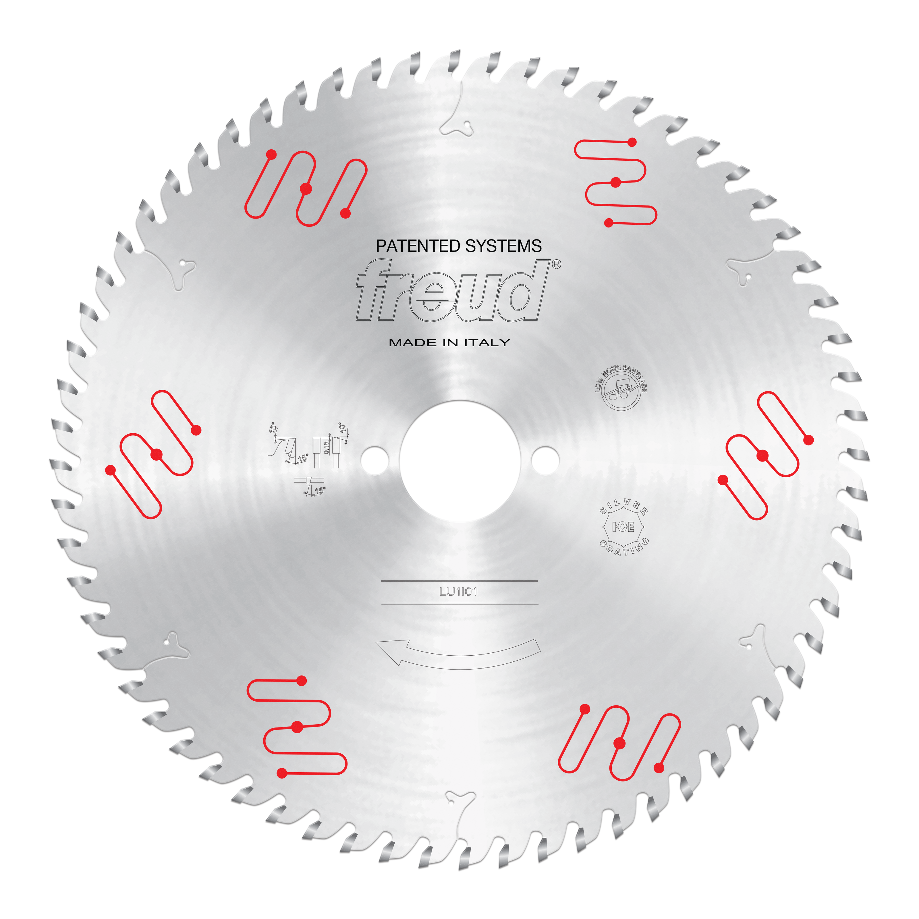 Circular carbide-tipped saw blade with fine teeth around the edge and center mounting hole, labeled Freud LU1I01.