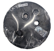 Dark gray plastic circular sewage lid with three protruding threaded openings and model number E-C18G-2GS.
