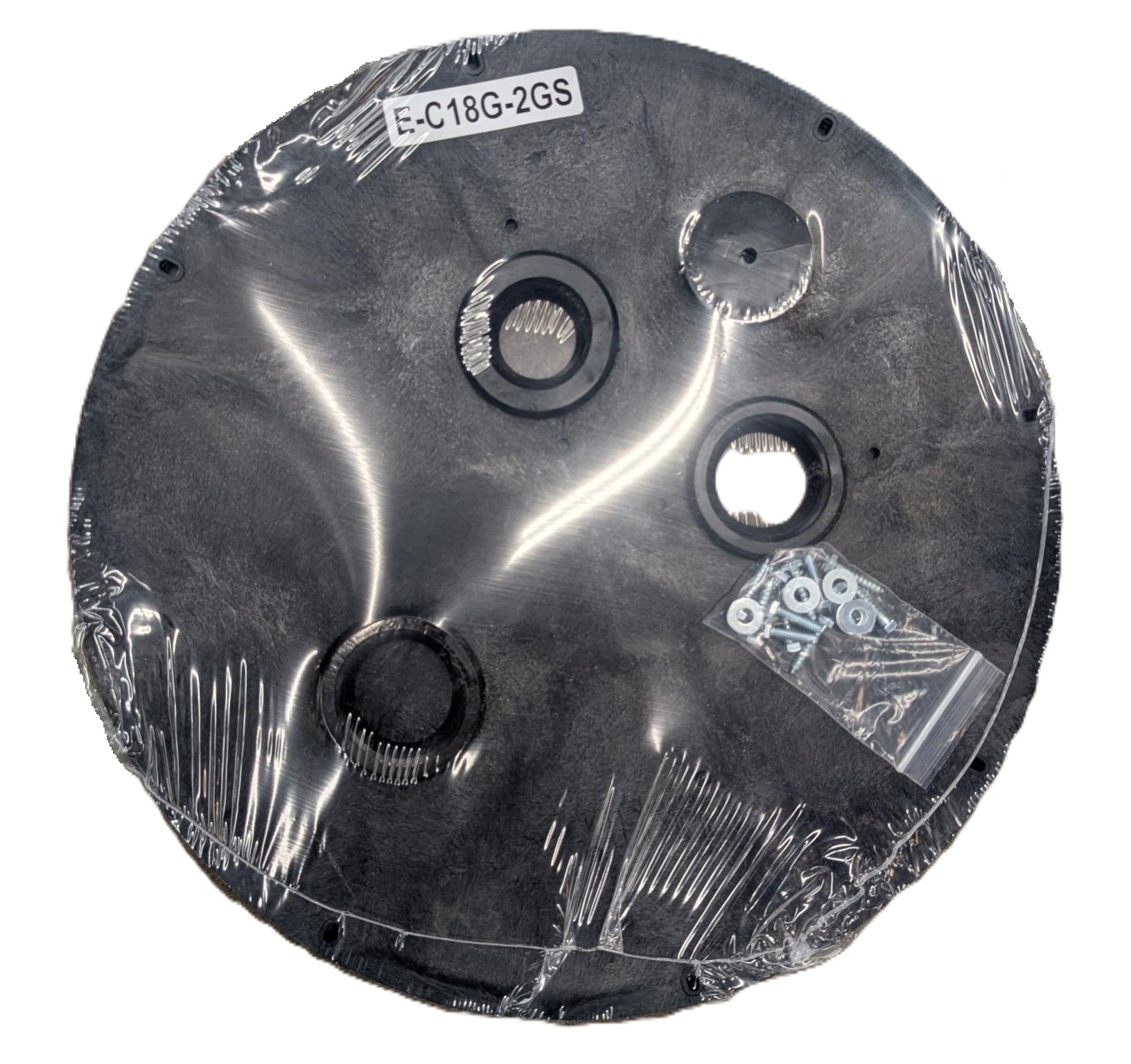 Dark gray plastic circular sewage lid with three protruding threaded openings and model number E-C18G-2GS.
