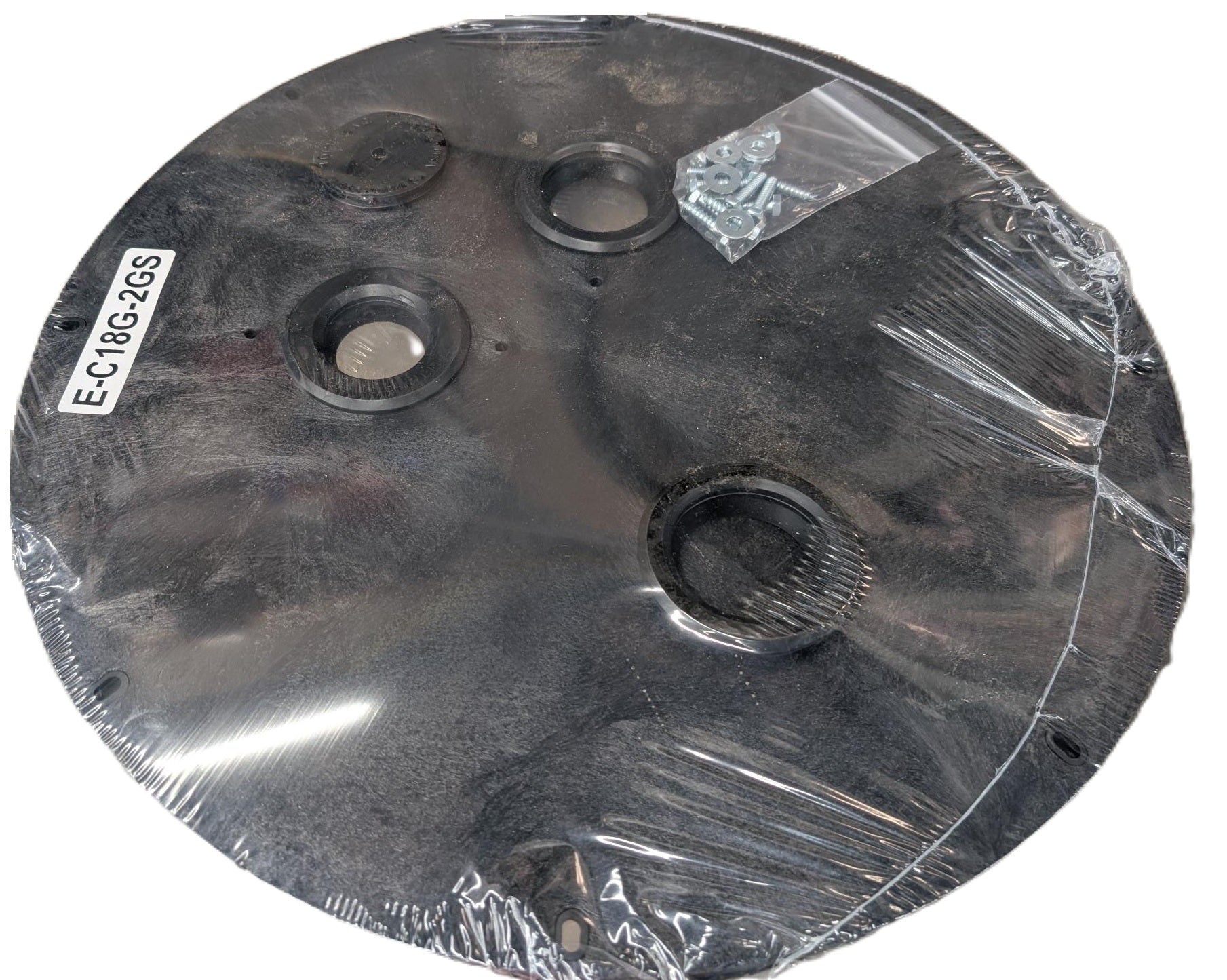 Round black plastic sewage lid with three threaded openings and product label on side.