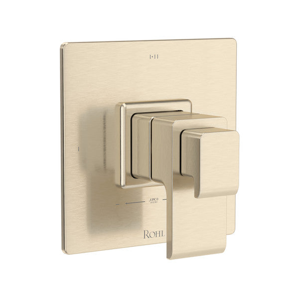Satin nickel thermostatic and pressure balance shower trim with square backplate and lever handle.